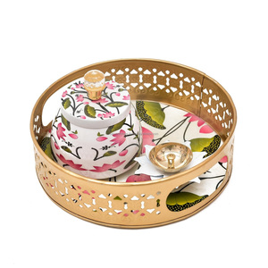 Custom Hand Painted Lotus Pooja Thali Set Gold Cutout Metal Tray Decorative Jar Brass Oil Lamp Diya Bulk - Product Image 1