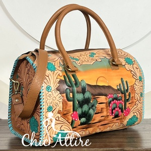 Fashionable Genuine Cowhide Leather Large Speedy Duffel Bag Cactus Sunset Design Overnight Weekender Travel Bag for Unisex - Product Image 1