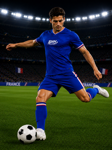 Ensemble uniforme de football pour homme SHH Industries, maillot imprimé bleu à col en V, short en mesh, taille élastique, respirant, 100% polyester - Product Image 3