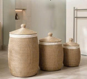 Tall Seagrass Storage <b>Basket</b> With <b>Lid</b> Handwoven Woven Organizer Round <b>Laundry</b> Hamper for Bathroom Home - Product Image 3