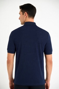 Camisa de Hombre Azul Marino de Manga Corta, Tejida, 100% Algodón, Transpirable, Bordada, con Cierre de Cremallera Frontal, Logotipo, Color Sólido, Estilo Casual - Product Image 3
