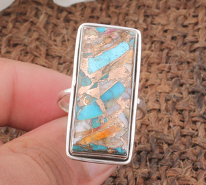 Bague rectangulaire en turquoise cuivrée naturelle de haute qualité, argent sterling 925, bijoux géométriques bohèmes en pierres précieuses pour femmes - Product Image 4