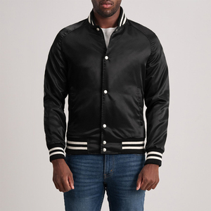 Custom Men Black Satin Varsity <b>Jacket</b> Classic Baseball Bomber <b>Jacket</b> Snap Button Shiny Silk Letterman <b>Jacket</b> With White Stripes - Product Image 1