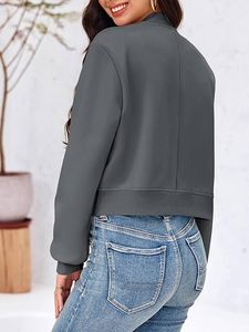 Chaqueta Bomber Gris para Mujer, Manga Larga, Cuello Alto, Cierre de Botones, Bolsillos con Parches, Ropa Casual de Otoño - Product Image 4