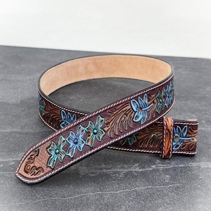 Floral Embossed Men's Fashion Western <b>Leather</b> <b>Tooling</b> Belt With Pin Buckle Ethnic Style Hand Painted Design Durable Western Belt - Product Image 5