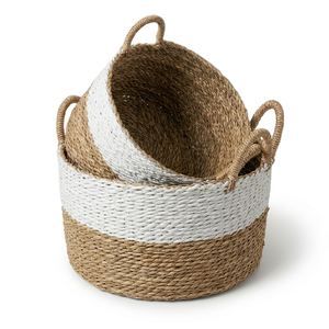 Woven Seagrass Storage Basket with Handles Two Tone Organizer Bin for Bathroom Living Room Home - Product Image 2