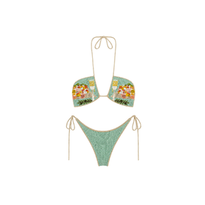 <b>White</b> Halter Neck <b>Bikini</b> <b>Set</b> Hand Beaded Mediterranean City Pattern with Bottom Side Cut-out Design Women's Swimwear Beachwear - Product Image 2