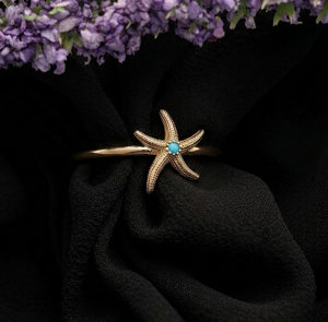 925 Sterling Silver Gold Plated Starfish Design <b>Ring</b> With Turquoise Stone Minimalist Style Unisex Everyday Wear Gemstone <b>Ring</b> - Product Image 2