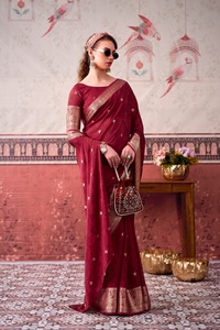 Sari indien traditionnel ethnique décontracté en soie chinon avec broderie Zari imprimée et matériaux recyclés pour tenue quotidienne féminine - Product Image 3