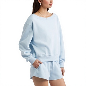 เสื้อสเวตเชิ้ตครอปทรงหลวมสีฟ้าอ่อนสำหรับผู้หญิง แขนยาว ผ้าถักเนื้อฝ้าย สีพื้น ใส่ได้ในฤดูใบไม้ร่วง - Product Image 3