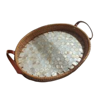 Handcrafted Oval Mother Of Pearl Inlay Rattan Serving Tray With Brown Leather <b>Handles</b> Luxurious Coastal Style Home Decor Tray - Product Image 1
