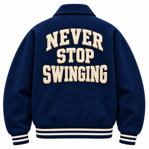 Chaqueta Varsity Bordada 'Never Stop Swinging' en Color Azul, Estilo Preppy para Hombre, Chaqueta de Béisbol de Algodón, Corte Regular para Otoño - Product Image 2