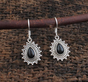 Natural Black <b>Onyx</b> 925 Sterling Silver Dotted Milgrain Design Vintage Style Drop <b>Earrings</b> Wedding Party Wholesale Luxury - Product Image 2