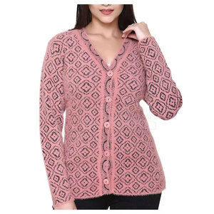 Women's Pink Solid Knitted Breathable Candy Color Cardigan V-Neck Regular Sleeve Casual Winter Wear <b>Covered</b> <b>Button</b> Embroidery - Product Image 4