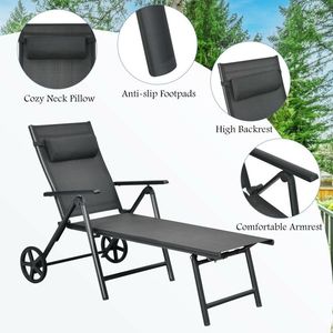 Silla de Patio Ajustable con Ruedas, Almohada para el Cuello y Marco de Aluminio para Tomar el Sol - Product Image 2