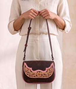 Women's Fashion Genuine Leather Western Tooled Embossed Floral Single <b>Strap</b> <b>Shoulder</b> Crossbody Bag Daily Use - Product Image 5