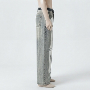 <b>Men's</b> <b>High</b> <b>Waist</b> Wide Leg Denim <b>Jeans</b> With Skeleton Print Loose Fit Stonewashed Streetwear Pants Autumn Style - Product Image 3