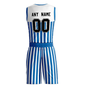Conjunto de Uniforme de Baloncesto Personalizado con Rayas Azules y Blancas, Unisex, Sin Mangas, Cuello en V, Malla Sublimada Transpirable para Adultos - Product Image 3