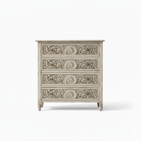 Commode à 4 tiroirs en bois massif sculpté à la main avec motif en spirale, fournisseur indien, pour intérieurs modernes et traditionnels, pour les commandes en gros