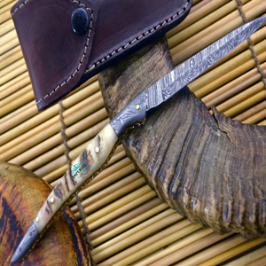 Couteau de chasse en acier Damas, lame à pointe tombante, avec manche en bois et étui en cuir, OEM, pour usage en plein air et camping - Product Image 4