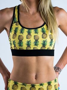 Soutien-gorge de sport pour femme à imprimé ananas, col ras du cou, dos nageur, maintien moyen, respirant, avec bordure contrastante jaune - Product Image 6