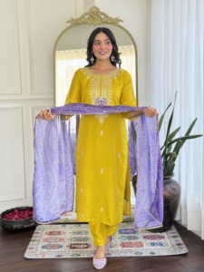 Latest Women's Mustard Color Vichitra Silk <b>Kurti</b> with Vichitra silk Pant Chinon With Digital Print Dupatta Sets - Product Image 6