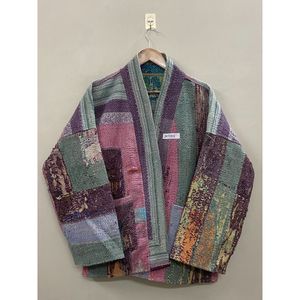 Handmade 100% Cotton <b>Patchwork</b> kantha Kimono <b>Jacket</b> Full Sleeve Shawl Collar Eco-Friendly Women's Wear <b>jacket</b> - Product Image 5