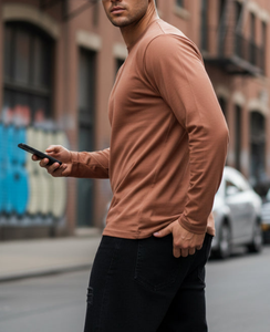 T-shirt à manches longues en tricot pour homme, col rond côtelé, vente en gros directe d'usine, logo personnalisé OEM, multicolore, haute qualité, 100% coton - Product Image 6