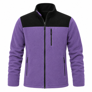 <b>Men's</b> <b>Purple</b> Color Block Fleece Jacket Stand Collar Zip Up Warm Windproof Outdoor Coat - Product Image 1