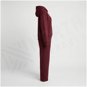 <b>Women</b> 100% Cotton Hooded Tracksuit Set Maroon Solid Color Full Length <b>Sweatpants</b> And Jacket Loose Fit Autumn Casual Wear - Product Image 3