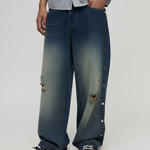 Pantalon en jean large pour homme, style streetwear hip-hop, délavage foncé, avec boutons latéraux et design à panneaux tendance, qualité OEM ODM - Product Image 6
