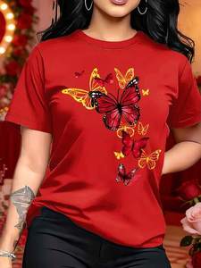 Camiseta de Verano para Mujer, Corte Ajustado, 100% Algodón, Cuello Redondo, Manga Corta, Casual, Color Granate, con Estampado Gráfico de Mariposas - Product Image 2