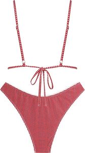 Conjunto de bikini de 2 piezas a cuadros rojos para mujer, top triangular con cuello pronunciado, braga brasileña, ribete en contraste, encaje y elástico, traje de baño. - Product Image 2
