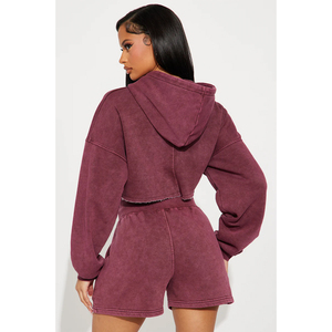 Conjunto de Sudadera con Capucha y Pantalones Cortos Vintage para Mujer, de Alta Calidad, Lavado, Liso, Personalizable, Ropa Deportiva Informal - Product Image 3