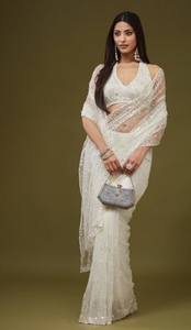 Sari en filet brodé Bollywood pour femme KV (Crème) - Viscose réversible et infroissable pour mariage - Product Image 5