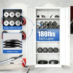 Armoire de rangement de garage en métal de 71 pouces, armoire à outils en acier blanc avec 4 étagères réglables - Product Image 6
