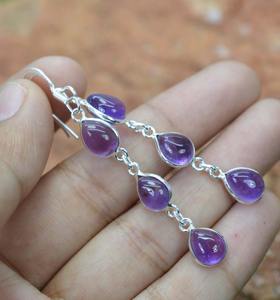 Amethyst 925 Sterling Silver 3 Stone Drop <b>Earrings</b> Peace Design Wedding Trendy Wholesale Gemstone Jewelry Export India - Product Image 5