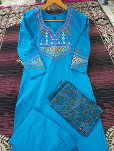 Women's Turquoise Cotton Salwar Kameez Hand Drawn Floral Dupatta Traditional Indian Pakistan <b>Wedding</b> Party Ankle-Length Regular - Product Image 3
