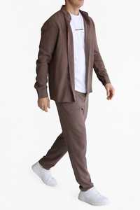 Men <b>Brown</b> Two Piece Tracksuit Set Button Up Collar <b>Jacket</b> and Long Pants Casual Regular Fit - Product Image 4