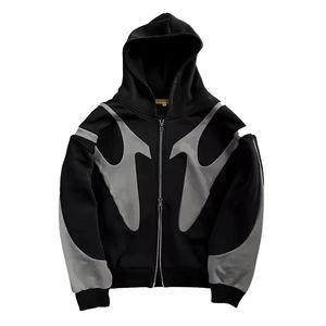 Sudadera con capucha gótica de estilo urbano personalizada al por mayor, de peso pesado, con panel de ondas abstractas, gris y negro, con cremallera - Product Image 4
