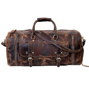 Genuine Leather Bag Men's Casual Travel Weekender <b>Adjustable</b> <b>Strap</b> Zipper Hasp Closure 30-40L Capacity Durable Shoulder Bag - Product Image 5