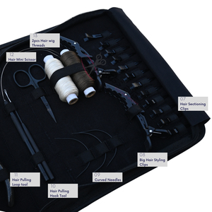 Kit de Herramientas Premium para Técnicos de Extensiones de Cabello Negro con Alicates de 7 Pulgadas, Mini Tijeras, Gancho, Lazos, Hilos para Pelucas y Clip de Estilizado - Product Image 4