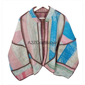 Traditional Eco-Friendly Cotton Kantha <b>Quilted</b> <b>Jacket</b> Color Blocking <b>Pattern</b> Vintage Kaya Woman's Mandarin Collar Autumn Winter - Product Image 1