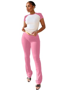 Casual Pink <b>Patchwork</b> 2 Piece Sets Women Flare Pants and Sleeve Shirt <b>Top</b> Streetwear Matching Outfit 2026 - Product Image 2
