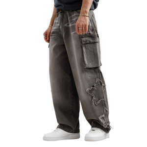 Custom High Quality Mens Cargo Baggy Jeans Printed Dirty Denim Vintage Washed <b>Pant</b> Dark Straight Fit and Pockets Jeans <b>Pant</b> - Product Image 3