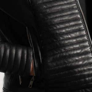 Women's Genuine Leather Moto Jacket Stand Collar Full Sleeve <b>Quilted</b> Zipper Closure Black Autumn Wear Breathable - Product Image 6