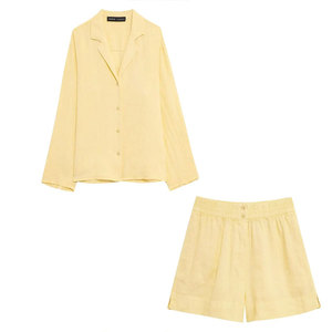 Conjunto de Camisa y Pantalones Cortos Casuales para Mujer, de Algodón y Satén, Transpirable y Ecológico, Camisa de Manga Corta de Verano + Pantalones Cortos con Cintura Elástica y Bolsillos - Product Image 1