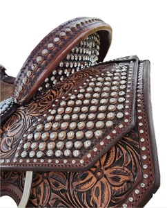 Brown Tooled with Crystal Rhinestones Roping Western Horse Leather Show Saddle Portable and durable with <b>Soft</b> Gel padded seat - Product Image 3