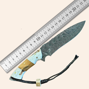 A&M Enterprises Handmade Damascus Steel Hunting <b>Knife</b> <b>Bone</b> and Wood <b>Handle</b> and Leather Sheath Survival Utility Camping <b>Knives</b> - Product Image 2