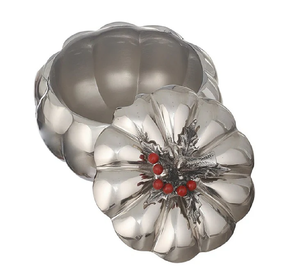 Whimsical pumpkin-shaped silver ice <b>container</b> accented with festive holly details. Available at wholesale price. - Product Image 1
